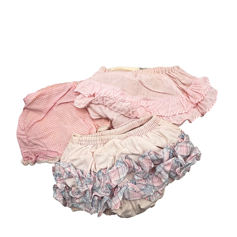 Vintage Baby‎ Bloomers Diaper Covers Set Pink Gingham Ruffled Plaid 3pc Bundle